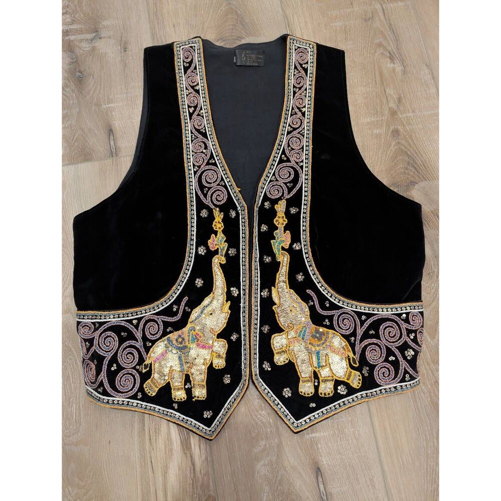 Vintage Rico International Velvet Vest Womens Large Boho Festival Elephants